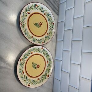 Set Of 2Gail Pittman Siena (Garland) Lg 11 1/4 Din Plate Red Yellow Bands Floral
